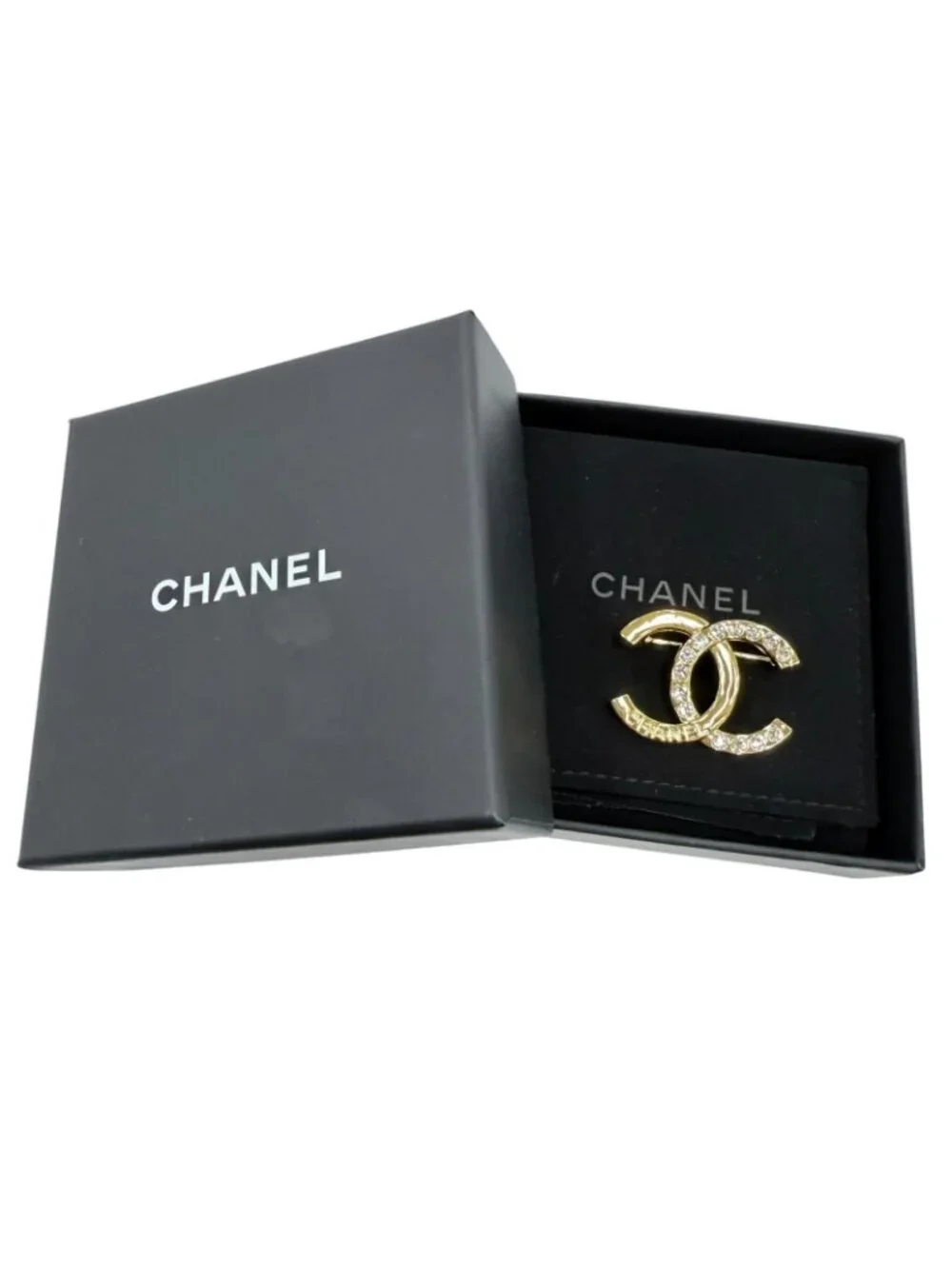Chanel Metal CC Logo Rhinestone Brooch Gold